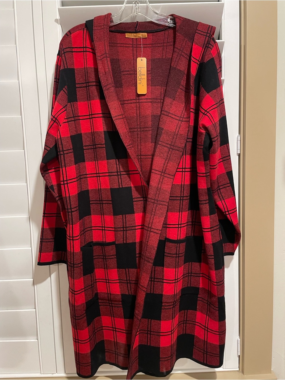 Belldini Red and Black Plaid Open Knit Cardigan